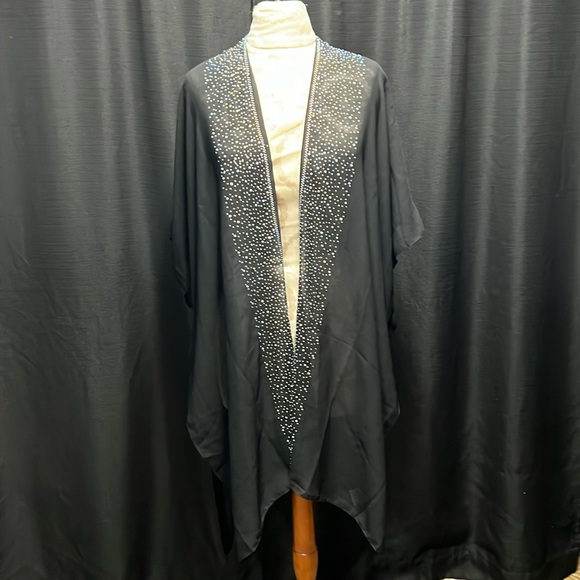 Jessica McClintock Women's Sheer Kimono Cover Up - Scallop Stone & Rhinestone Trim Beach Cardigan | Teal Silver Swimsuit Cover - View #3